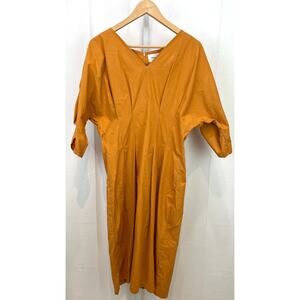 KINDERSALMON Cocoon Dress 3/4 Sleeve V-Neck Midi Cotton Orange Estimtaed M